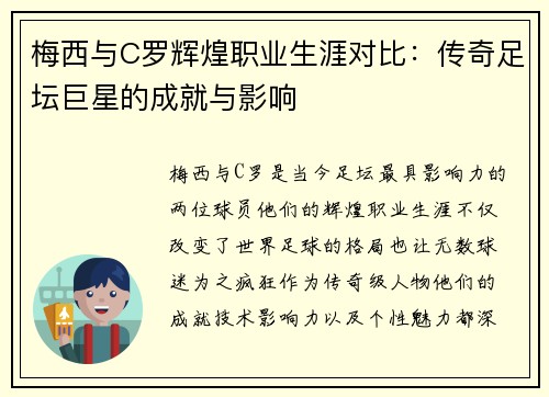 梅西与C罗辉煌职业生涯对比：传奇足坛巨星的成就与影响